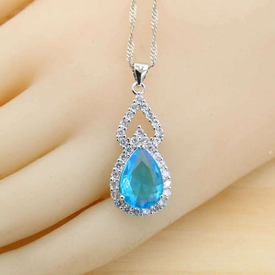 KIMLUD, Fashion Sky Blue Water Drop Zirconia 925 Silver Jewelry Sets for Women Earrings Necklace Pendant Ring Bracelet Wedding Gift, KIMLUD Womens Clothes
