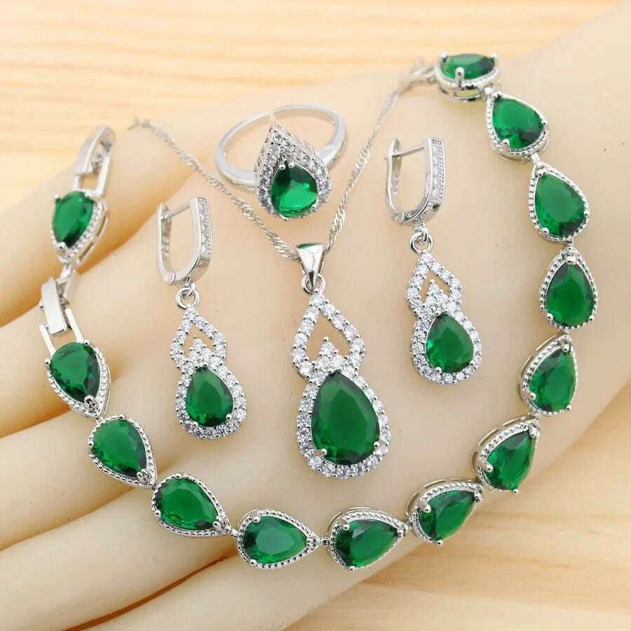 KIMLUD, Fashion Sky Blue Water Drop Zirconia 925 Silver Jewelry Sets for Women Earrings Necklace Pendant Ring Bracelet Wedding Gift, Green 4pcs Set, KIMLUD APPAREL - Womens Clothes