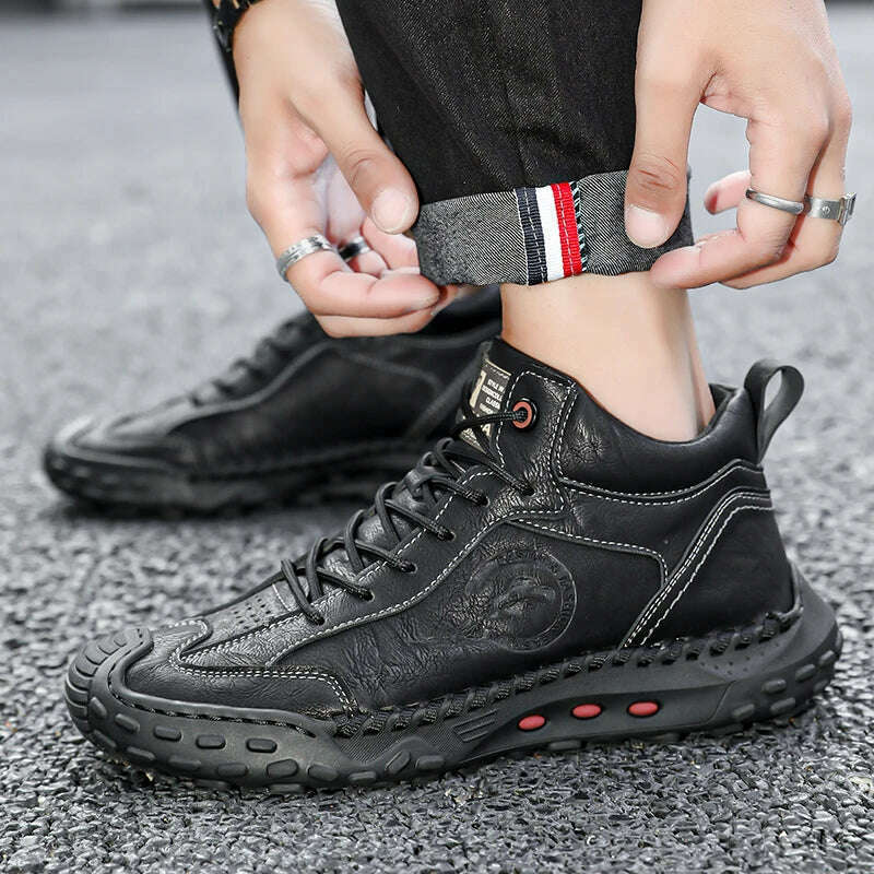 Fashion Sneakers Men Shoes Thick Soled Handmade Shoes Genuine Leather Casual Shoes Men Leather Shoes - KIMLUD