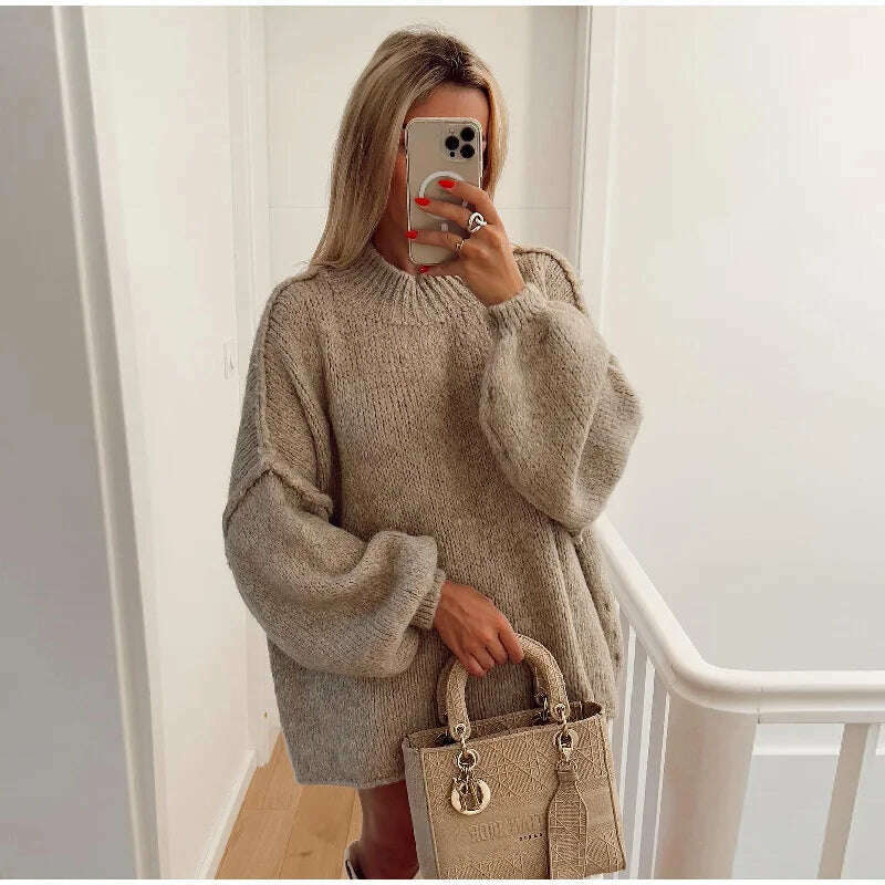 KIMLUD, Fashion Solid Sweater For Women Loose Long Lantern Sleeve O-neck Female Knitted Pullover 2023 Autumn Thick High Street Lady Top, khaki / S, KIMLUD Womens Clothes
