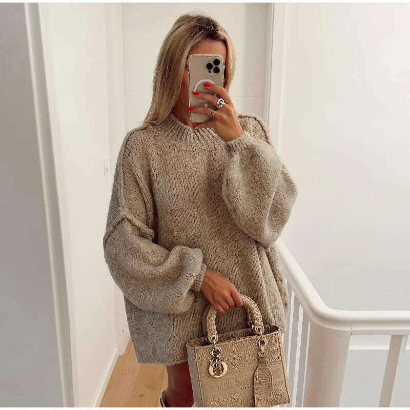 Fashion Solid Sweater For Women Loose Long Lantern Sleeve O-neck Female Knitted Pullover 2023 Autumn Thick High Street Lady Top - KIMLUD