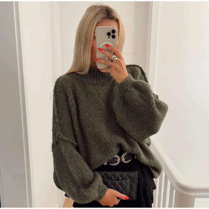 KIMLUD, Fashion Solid Sweater For Women Loose Long Lantern Sleeve O-neck Female Knitted Pullover 2023 Autumn Thick High Street Lady Top, green / S, KIMLUD Women's Clothes