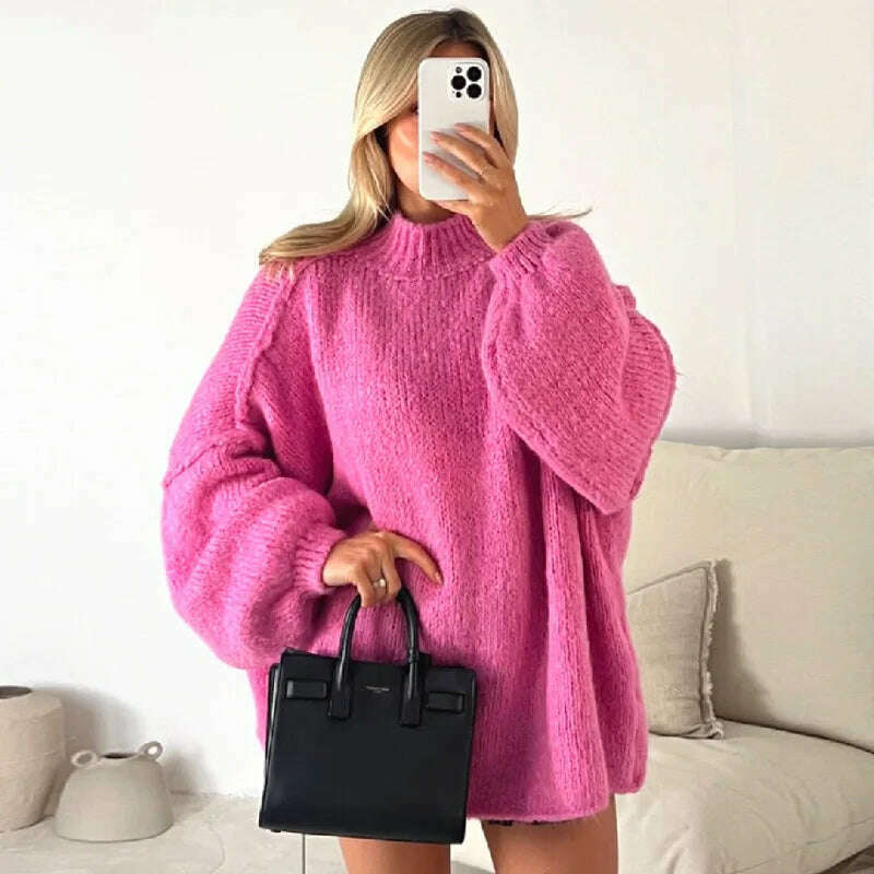 KIMLUD, Fashion Solid Sweater For Women Loose Long Lantern Sleeve O-neck Female Knitted Pullover 2023 Autumn Thick High Street Lady Top, pink / S, KIMLUD Women's Clothes