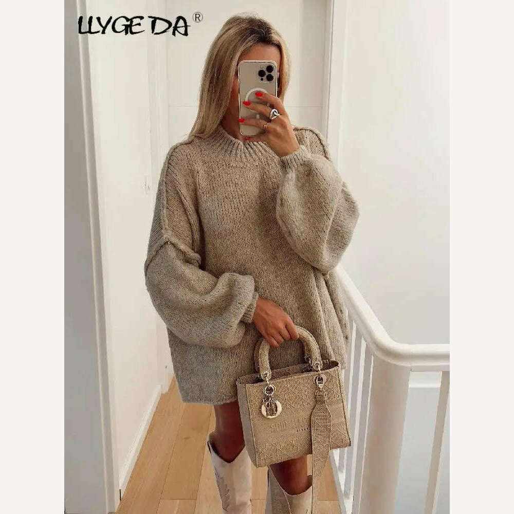 KIMLUD, Fashion Solid Sweater For Women Loose Long Lantern Sleeve O-neck Female Knitted Pullover 2023 Autumn Thick High Street Lady Top, KIMLUD Womens Clothes