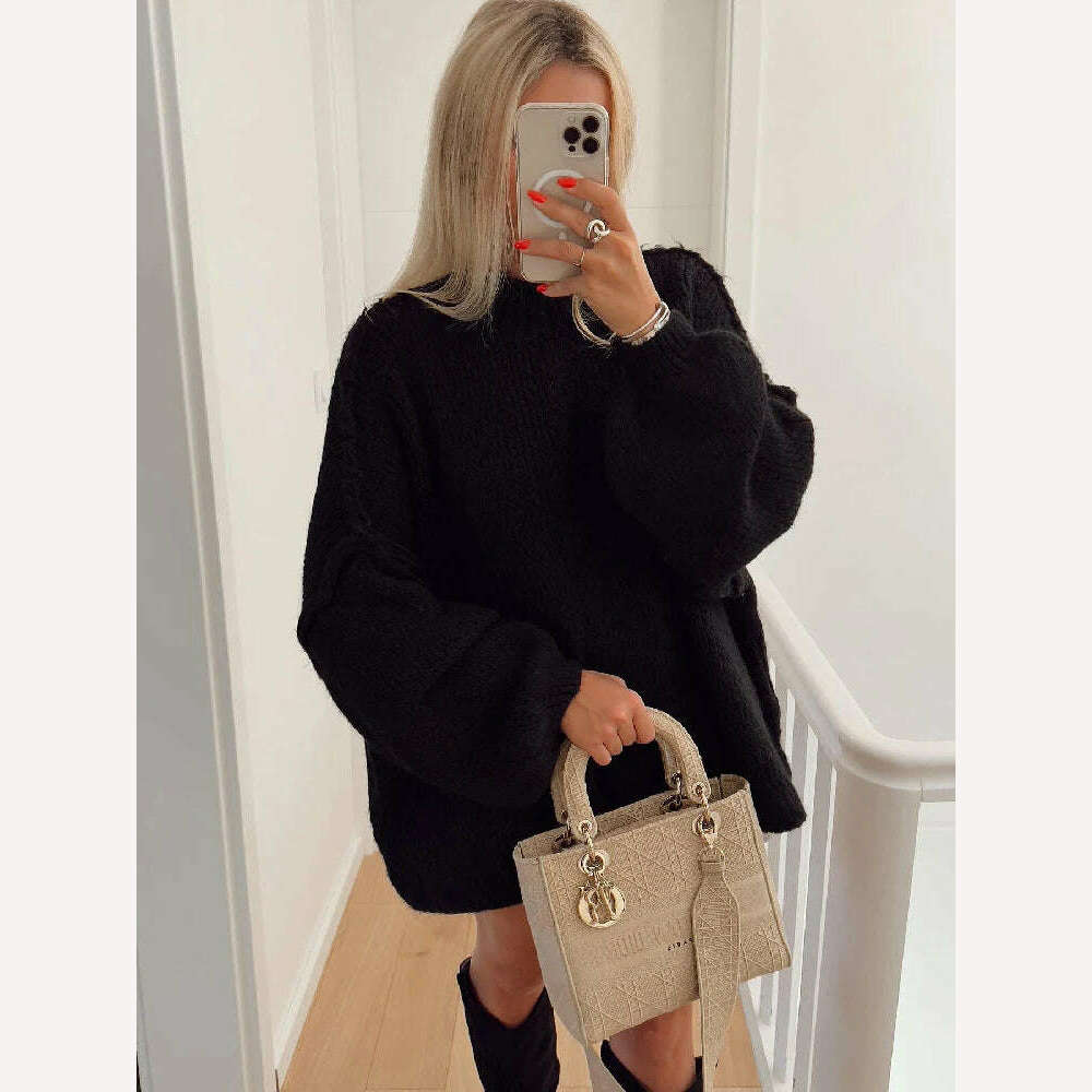 KIMLUD, Fashion Solid Sweater For Women Loose Long Lantern Sleeve O-neck Female Knitted Pullover 2023 Autumn Thick High Street Lady Top, KIMLUD Womens Clothes
