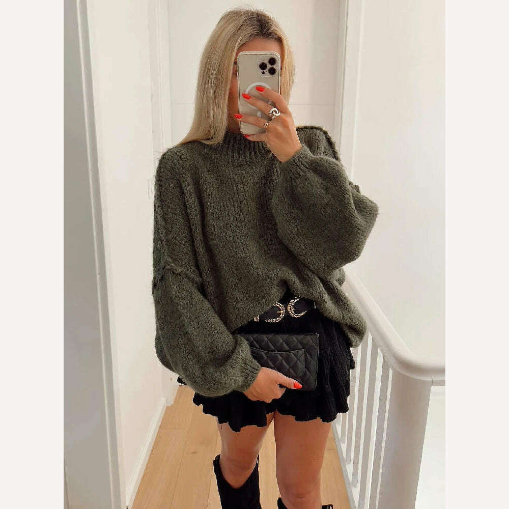 KIMLUD, Fashion Solid Sweater For Women Loose Long Lantern Sleeve O-neck Female Knitted Pullover 2023 Autumn Thick High Street Lady Top, KIMLUD Womens Clothes