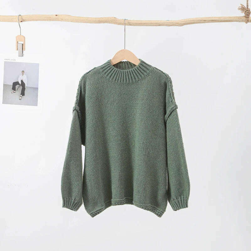 KIMLUD, Fashion Solid Sweater For Women Loose Long Lantern Sleeve O-neck Female Knitted Pullover 2023 Autumn Thick High Street Lady Top, KIMLUD Womens Clothes