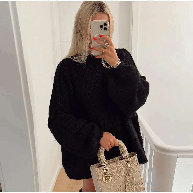 KIMLUD, Fashion Solid Sweater For Women Loose Long Lantern Sleeve O-neck Female Knitted Pullover 2023 Autumn Thick High Street Lady Top, black / S, KIMLUD Women's Clothes