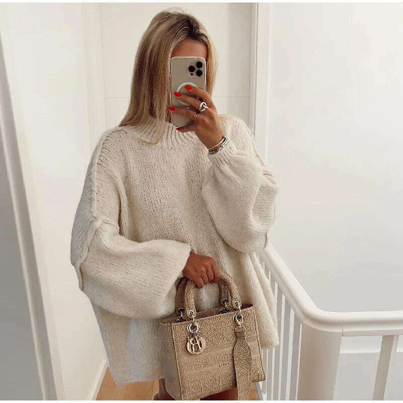 KIMLUD, Fashion Solid Sweater For Women Loose Long Lantern Sleeve O-neck Female Knitted Pullover 2023 Autumn Thick High Street Lady Top, white / S, KIMLUD Women's Clothes