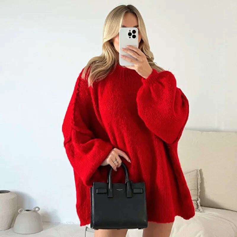 KIMLUD, Fashion Solid Sweater For Women Loose Long Lantern Sleeve O-neck Female Knitted Pullover 2023 Autumn Thick High Street Lady Top, red / S, KIMLUD Women's Clothes