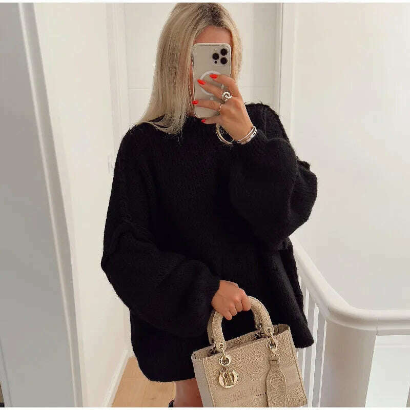 KIMLUD, Fashion Solid Sweater For Women Loose Long Lantern Sleeve O-neck Female Knitted Pullover 2023 Autumn Thick High Street Lady Top, KIMLUD Womens Clothes