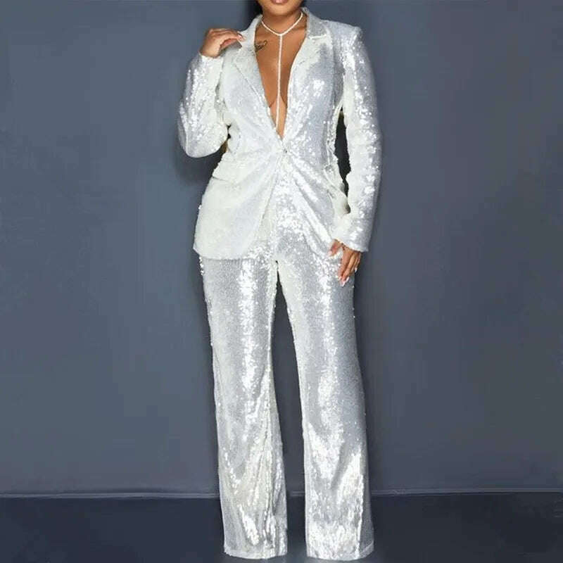 KIMLUD, Fashion Solid Women 2 Pieces Sets Blazer Pant Suits Spring 2023 Long Sleeve Sequins Blazer Coat High Waist Wide Leg Pants Female, White / S, KIMLUD Women's Clothes