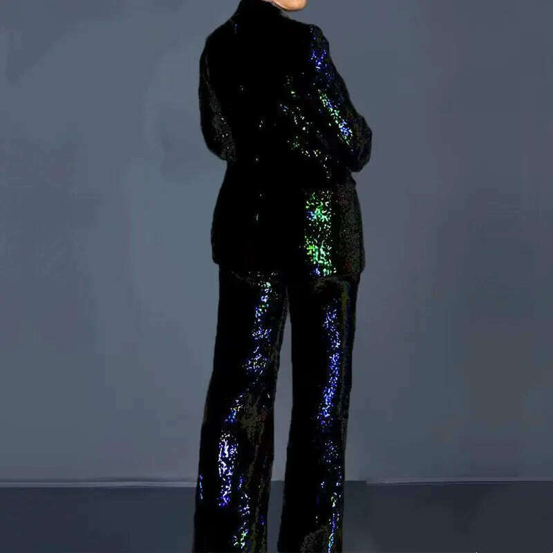 Fashion Solid Women 2 Pieces Sets Blazer Pant Suits Spring 2023 Long Sleeve Sequins Blazer Coat High Waist Wide Leg Pants Female - KIMLUD
