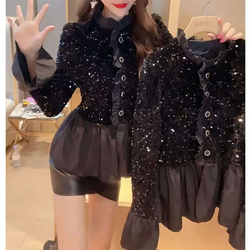 KIMLUD, Fashion Splicing Sequin Jacket Women Single-breasted Plicated Long Sleeve Tops Female Spring Casual Solid Black Coat, KIMLUD Womens Clothes