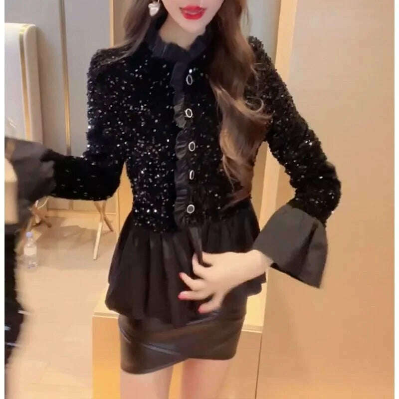 KIMLUD, Fashion Splicing Sequin Jacket Women Single-breasted Plicated Long Sleeve Tops Female Spring Casual Solid Black Coat, Black / M, KIMLUD Women's Clothes