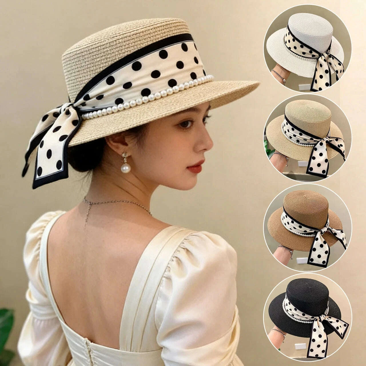Fashion Straw Hat for Women Dot Ribbon Pearl Summer Wide Brim Sunshade Dome Basin Hats Franch Lady Elegant Travel Beach Sun Cap