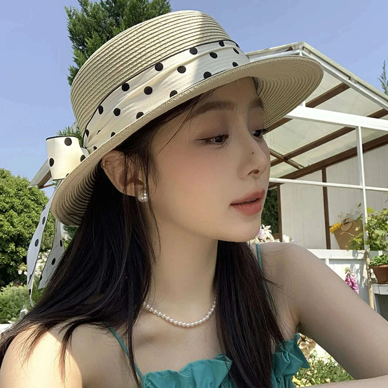 Fashion Straw Hat for Women Dot Ribbon Pearl Summer Wide Brim Sunshade Dome Basin Hats Franch Lady Elegant Travel Beach Sun Cap