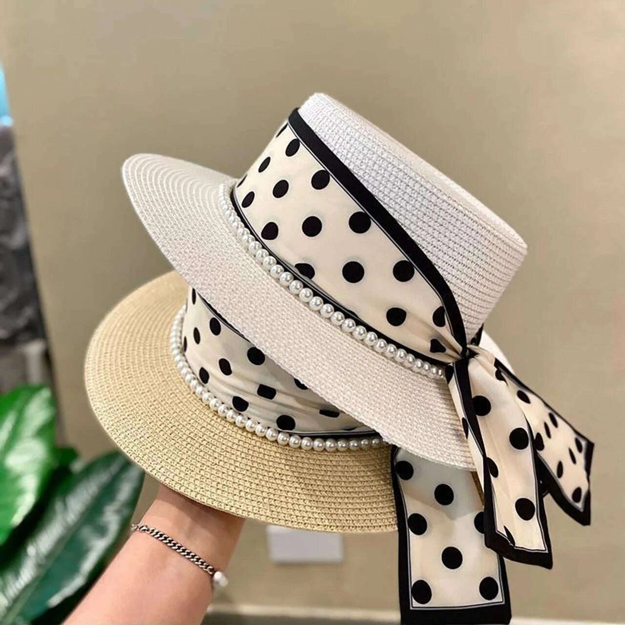 Fashion Straw Hat for Women Dot Ribbon Pearl Summer Wide Brim Sunshade Dome Basin Hats Franch Lady Elegant Travel Beach Sun Cap