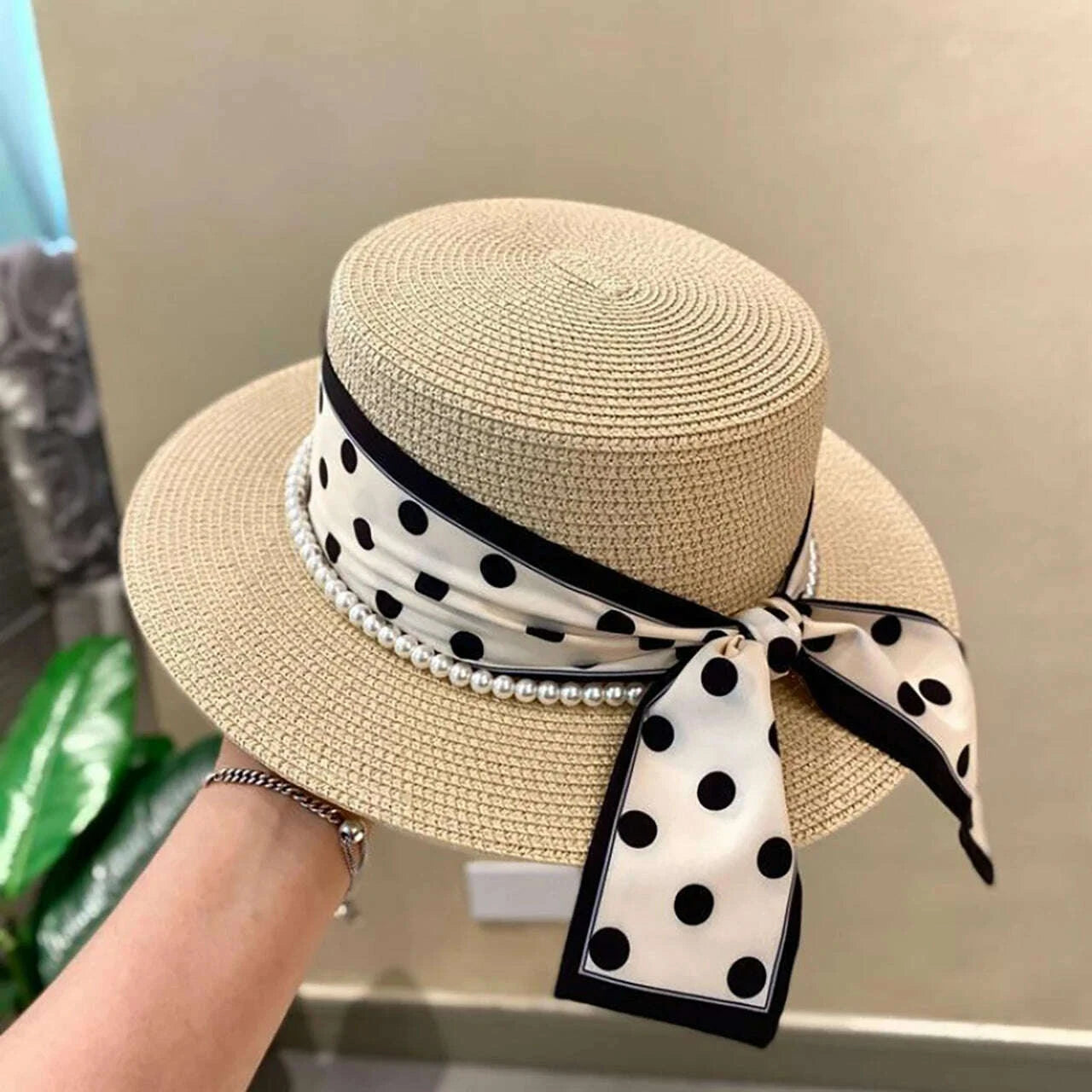 Fashion Straw Hat for Women Dot Ribbon Pearl Summer Wide Brim Sunshade Dome Basin Hats Franch Lady Elegant Travel Beach Sun Cap