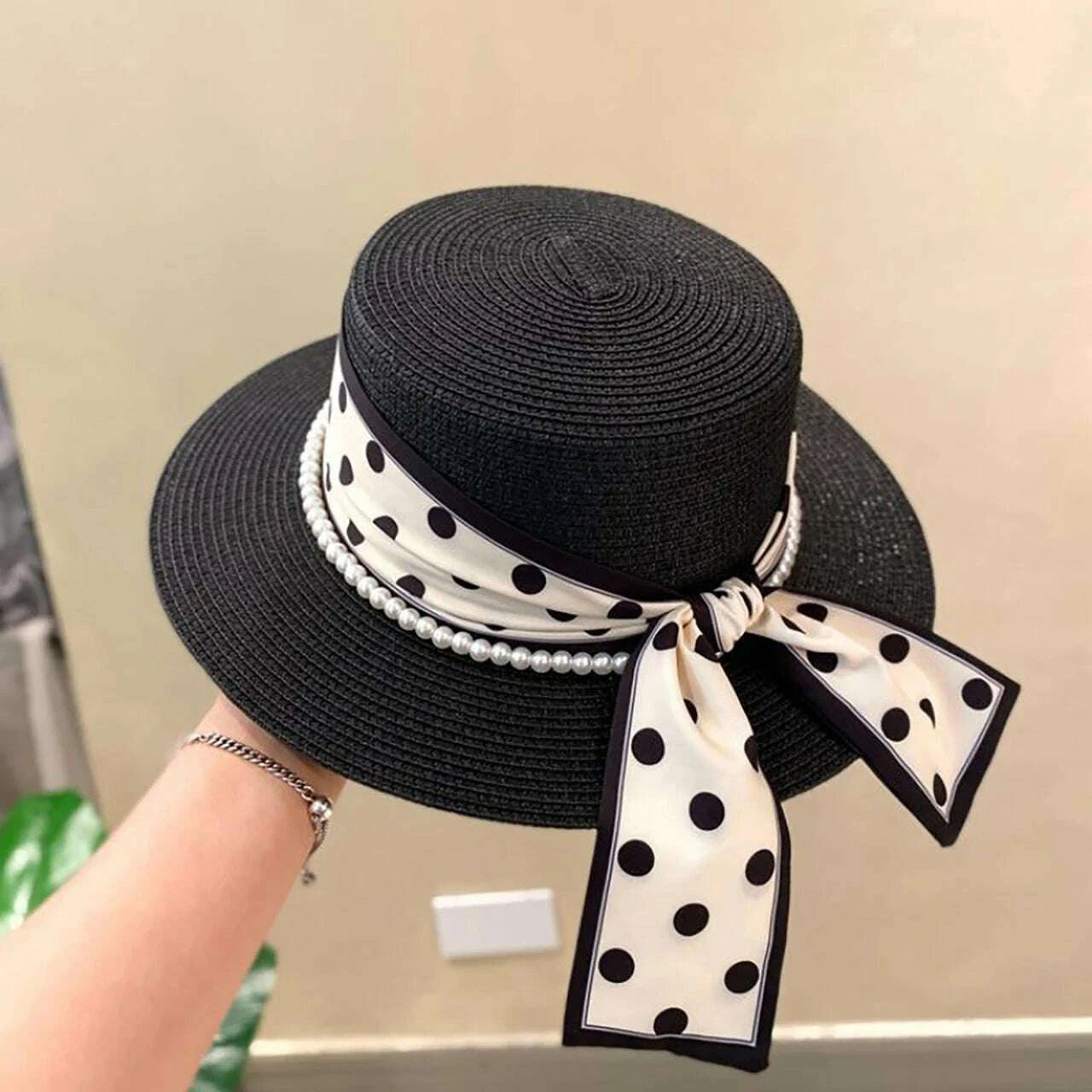 Fashion Straw Hat for Women Dot Ribbon Pearl Summer Wide Brim Sunshade Dome Basin Hats Franch Lady Elegant Travel Beach Sun Cap