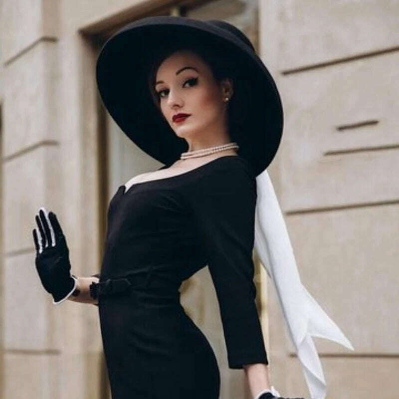 KIMLUD, fashion streetstyle black wide brim wool bucket hat female vintage big hat for women looks like Audrey Hepburn, KIMLUD Womens Clothes