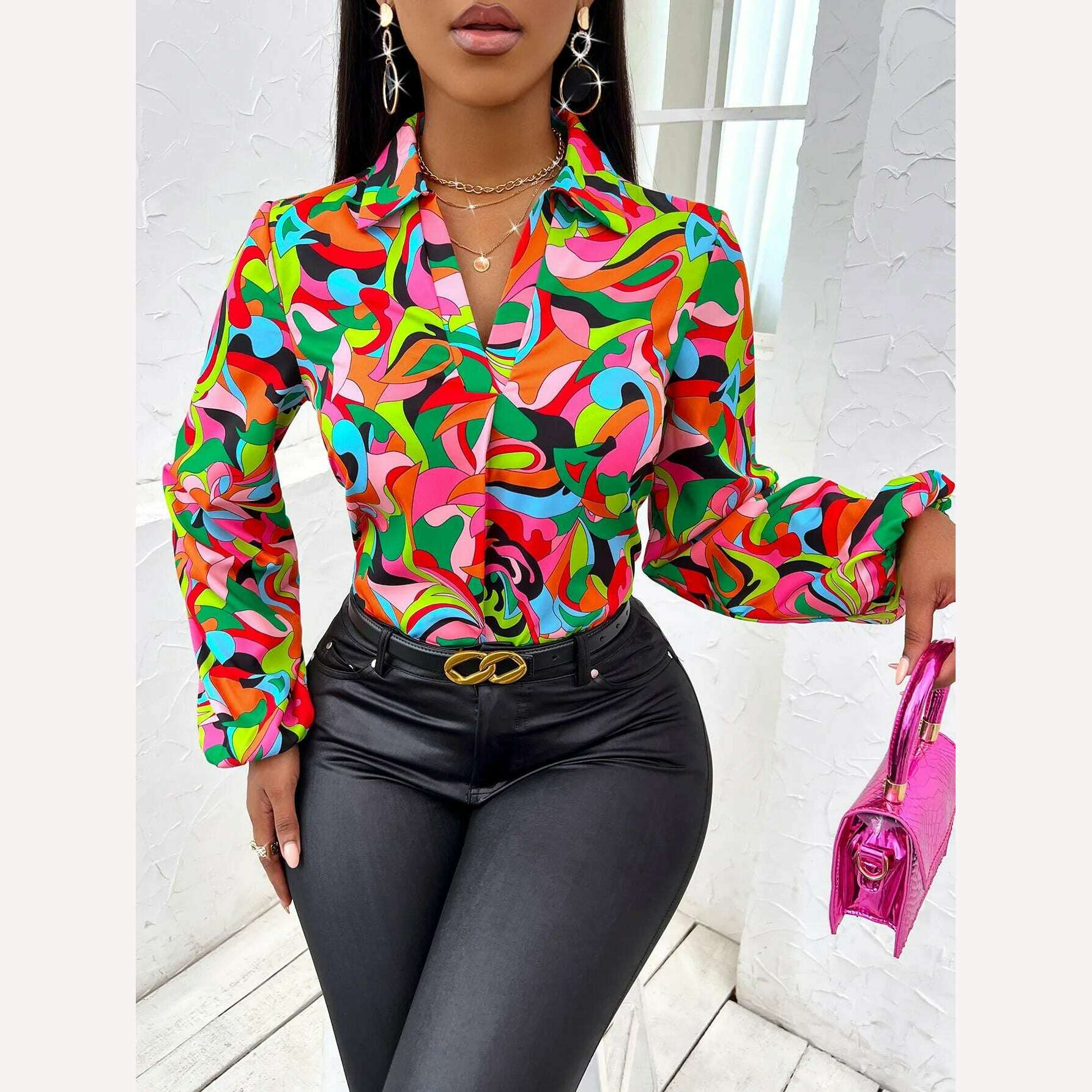 KIMLUD, Fashion striped Print Shirts For Women 2024 Casual  pullover Lantern Sleeve Blouse Female Elegant Loose Shirts Top new, KIMLUD Womens Clothes