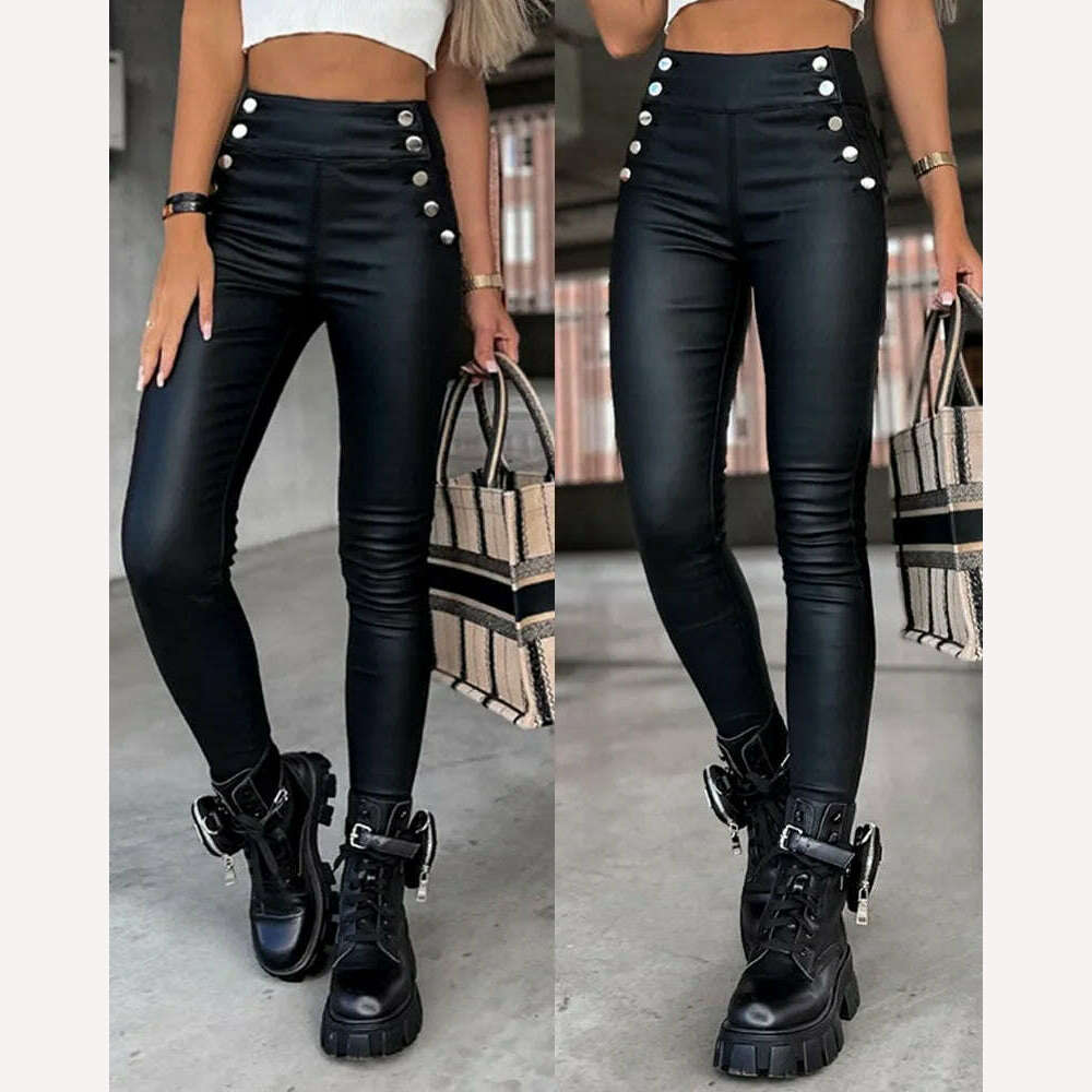 KIMLUD, Fashion Studded Decor Pocket Sexy Women PU Leather Pencil Pants, KIMLUD Womens Clothes