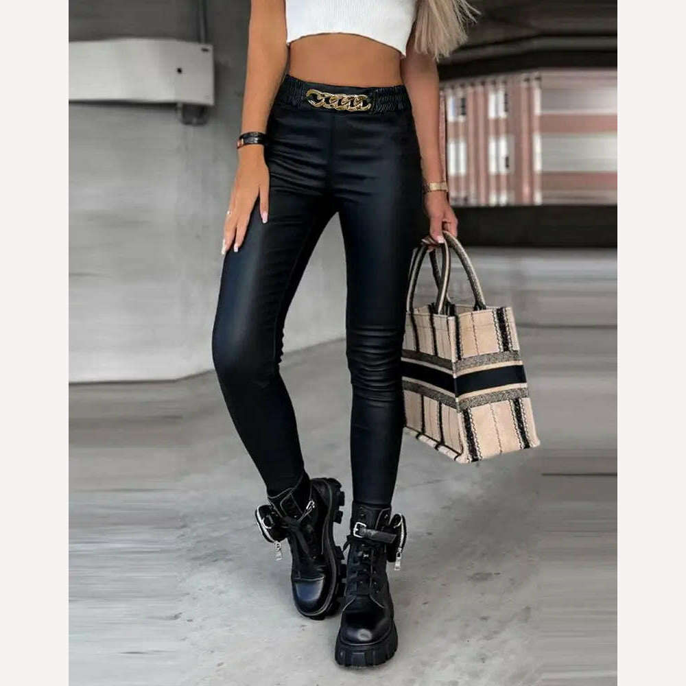 KIMLUD, Fashion Studded Decor Pocket Sexy Women PU Leather Pencil Pants, style a / S, KIMLUD Womens Clothes