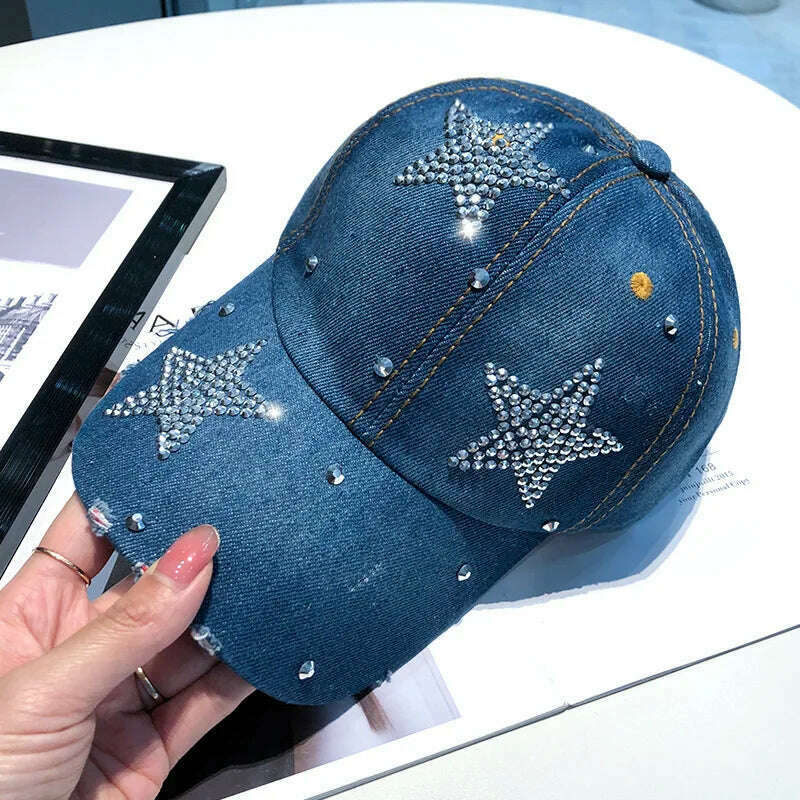 KIMLUD, Fashion Summer Baseball Cap for Women Hats Snapback Designer Caps Sun Hats for Women Rhinestone Letter Kpop Outdoor Visors, Three Star-dark blue / 56-60CM, KIMLUD Womens Clothes