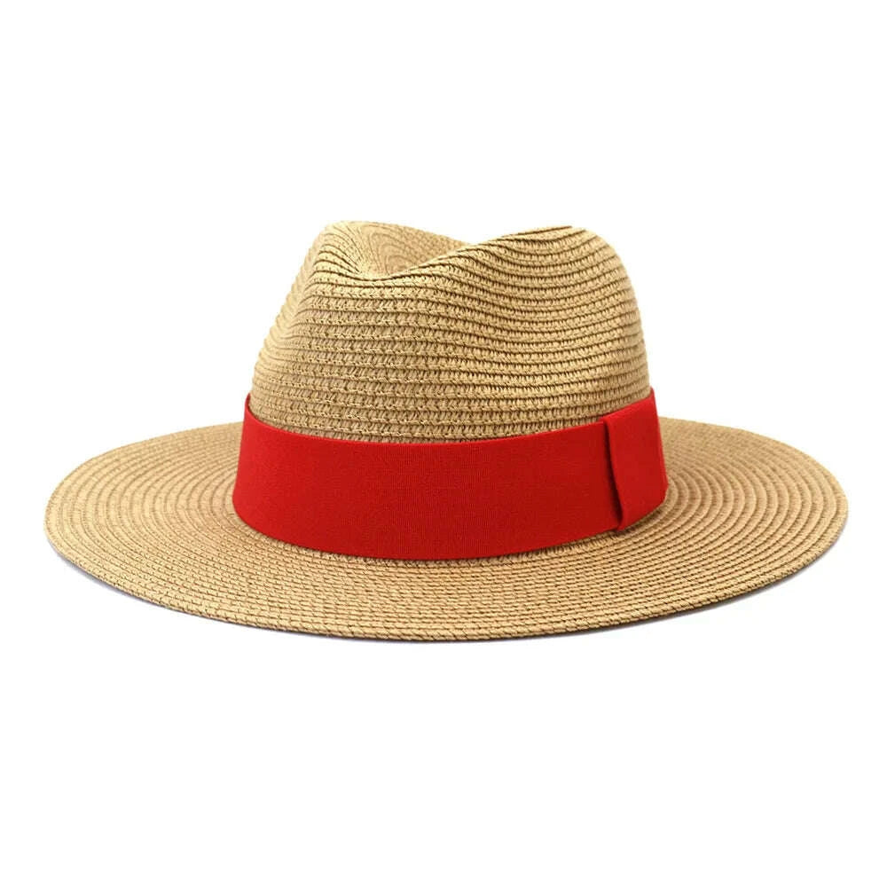 Fashion Summer Casual Unisex Beach Wide Brim Jazz Sun Hat Panama Hat Paper Straw Women Men Cap with Red Ribbon