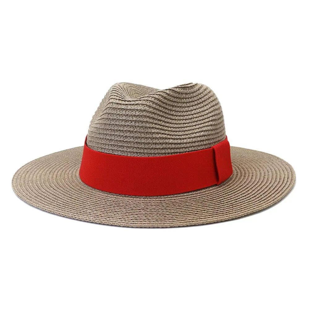 Fashion Summer Casual Unisex Beach Wide Brim Jazz Sun Hat Panama Hat Paper Straw Women Men Cap with Red Ribbon