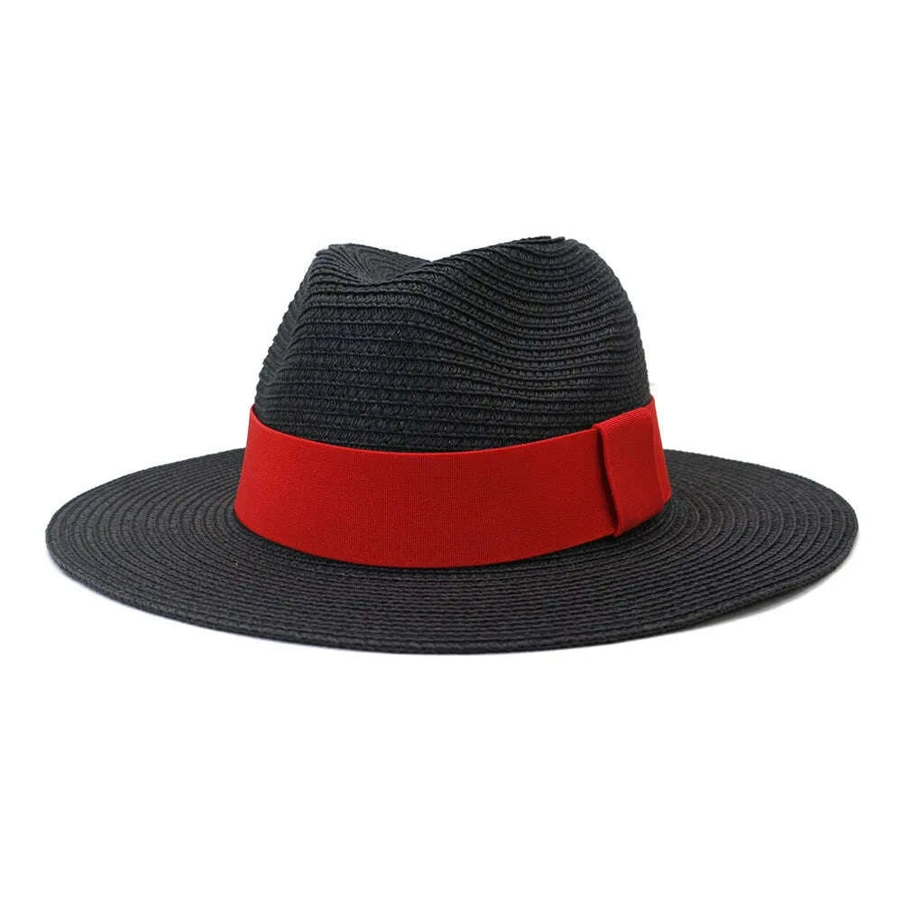 Fashion Summer Casual Unisex Beach Wide Brim Jazz Sun Hat Panama Hat Paper Straw Women Men Cap with Red Ribbon