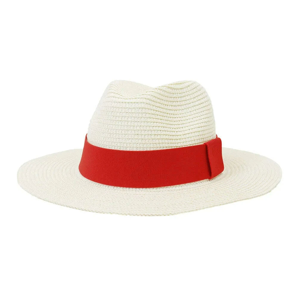 Fashion Summer Casual Unisex Beach Wide Brim Jazz Sun Hat Panama Hat Paper Straw Women Men Cap with Red Ribbon