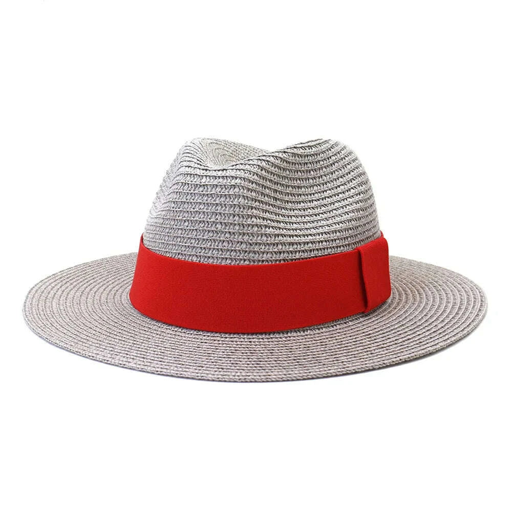 Fashion Summer Casual Unisex Beach Wide Brim Jazz Sun Hat Panama Hat Paper Straw Women Men Cap with Red Ribbon