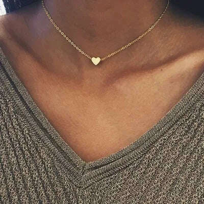 Fashion Tiny Heart Choker Necklace for Women Short Chain Shape Pendant Collares Necklace Ethnic Bohemian Jewelry Kolye Gift - KIMLUD