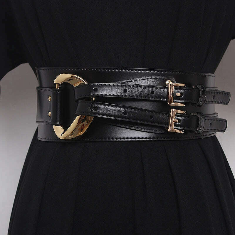 KIMLUD, Fashion Wide Cowskin Cummerbund Women's Cummerbunds Knot Real Leather Waistbands For Dress Decorate Waist Belt Coat Accessorie, KIMLUD Womens Clothes