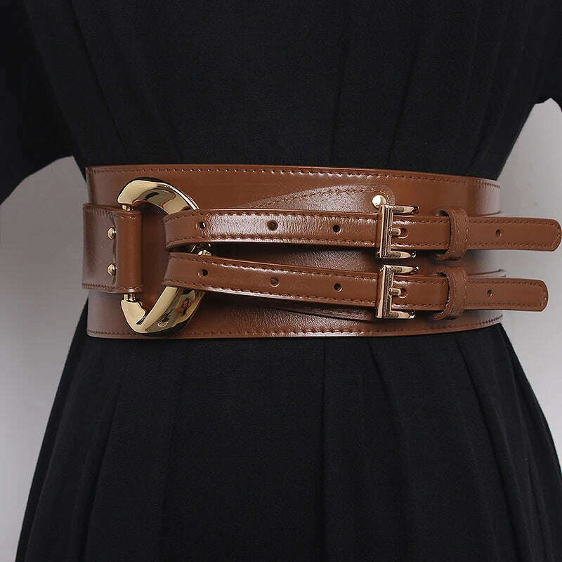 KIMLUD, Fashion Wide Cowskin Cummerbund Women's Cummerbunds Knot Real Leather Waistbands For Dress Decorate Waist Belt Coat Accessorie, KIMLUD Women's Clothes