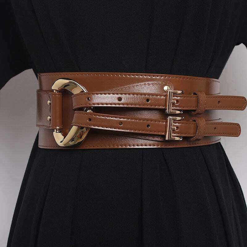 KIMLUD, Fashion Wide Cowskin Cummerbund Women's Cummerbunds Knot Real Leather Waistbands For Dress Decorate Waist Belt Coat Accessorie, KIMLUD Womens Clothes