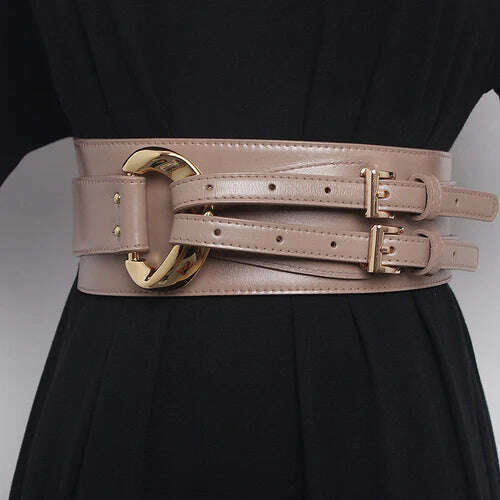 KIMLUD, Fashion Wide Cowskin Cummerbund Women's Cummerbunds Knot Real Leather Waistbands For Dress Decorate Waist Belt Coat Accessorie, Light Khaki / 97CM / CN, KIMLUD Women's Clothes