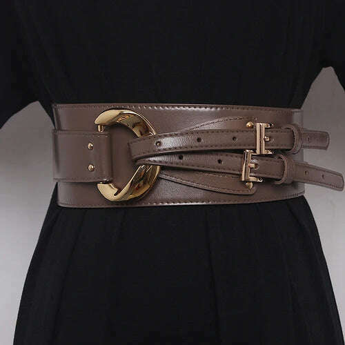 KIMLUD, Fashion Wide Cowskin Cummerbund Women's Cummerbunds Knot Real Leather Waistbands For Dress Decorate Waist Belt Coat Accessorie, Dark Khaki / 97CM / CN, KIMLUD Womens Clothes