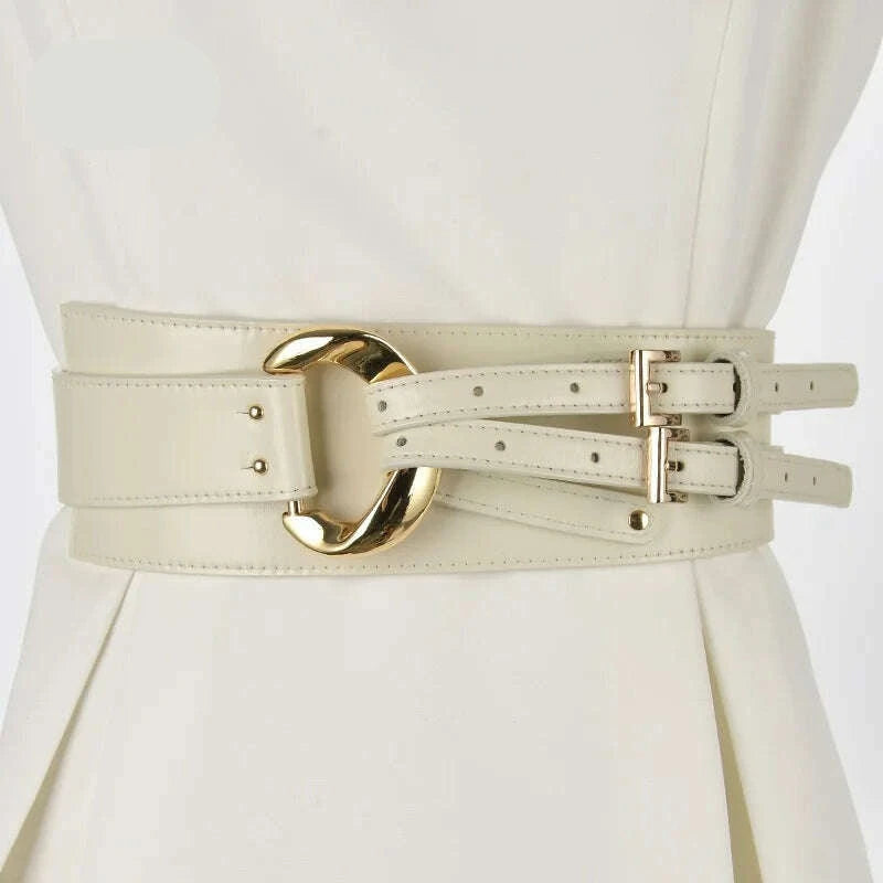 KIMLUD, Fashion Wide Cowskin Cummerbund Women's Cummerbunds Knot Real Leather Waistbands For Dress Decorate Waist Belt Coat Accessorie, Beige / 97CM / CN, KIMLUD Womens Clothes