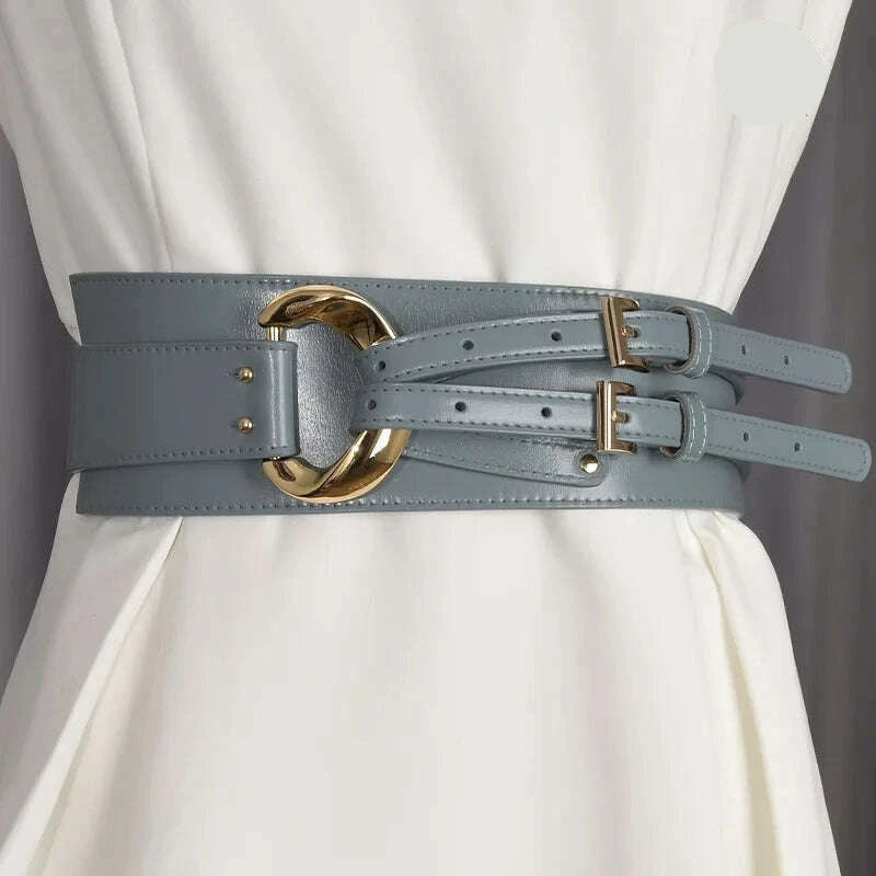 KIMLUD, Fashion Wide Cowskin Cummerbund Women's Cummerbunds Knot Real Leather Waistbands For Dress Decorate Waist Belt Coat Accessorie, Blue / 97CM / CN, KIMLUD Women's Clothes