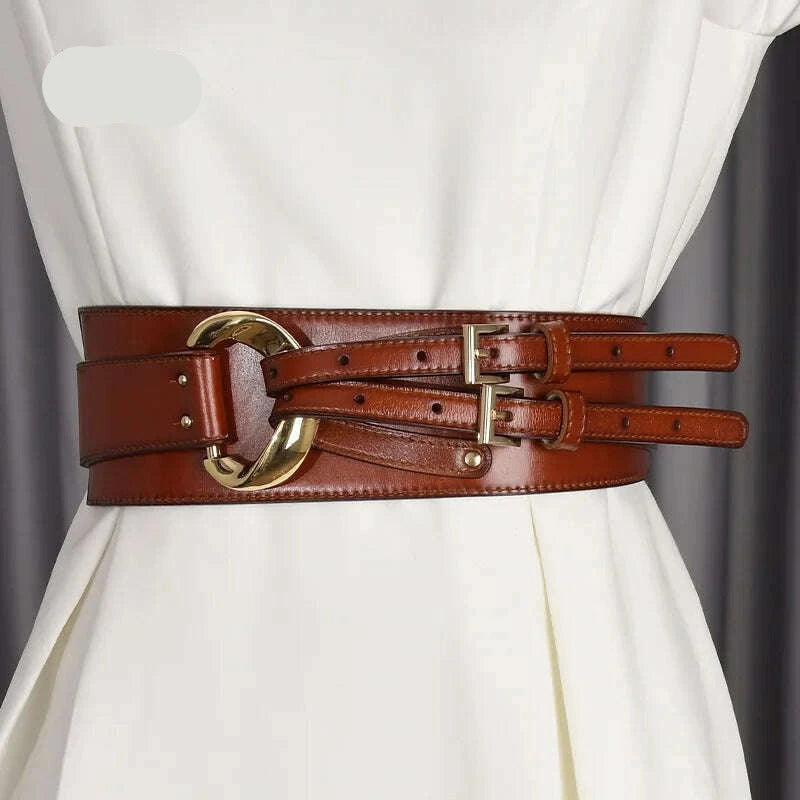 KIMLUD, Fashion Wide Cowskin Cummerbund Women's Cummerbunds Knot Real Leather Waistbands For Dress Decorate Waist Belt Coat Accessorie, Brown / 97CM / CN, KIMLUD Women's Clothes