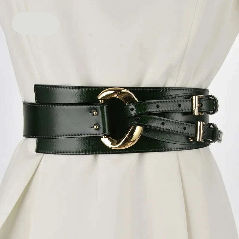 KIMLUD, Fashion Wide Cowskin Cummerbund Women's Cummerbunds Knot Real Leather Waistbands For Dress Decorate Waist Belt Coat Accessorie, Green / 97CM / CN, KIMLUD Women's Clothes