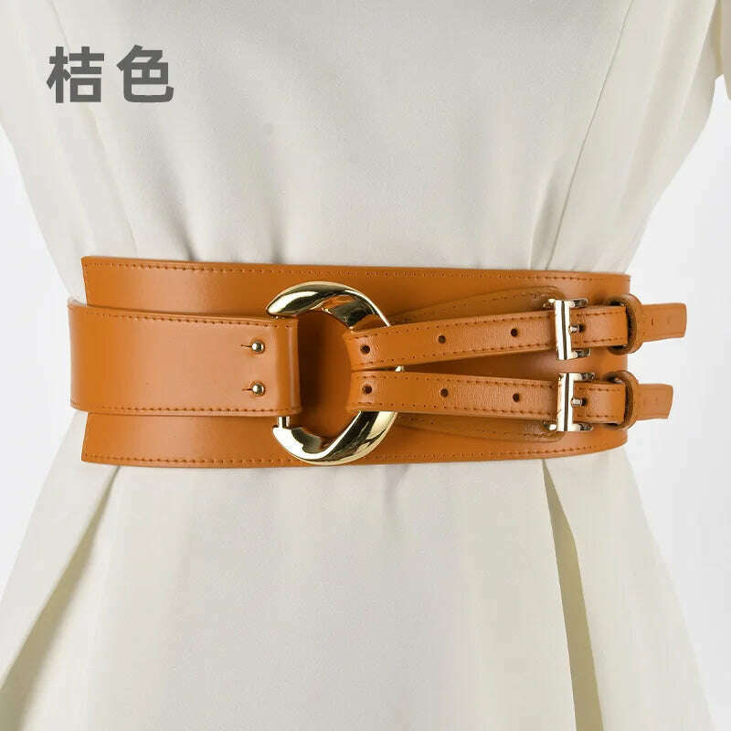 KIMLUD, Fashion Wide Cowskin Cummerbund Women's Cummerbunds Knot Real Leather Waistbands For Dress Decorate Waist Belt Coat Accessorie, Orange / 97CM / CN, KIMLUD Women's Clothes