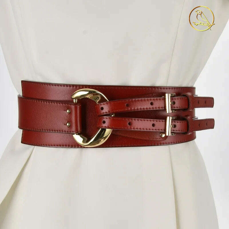 KIMLUD, Fashion Wide Cowskin Cummerbund Women's Cummerbunds Knot Real Leather Waistbands For Dress Decorate Waist Belt Coat Accessorie, Red / 97CM / CN, KIMLUD Womens Clothes