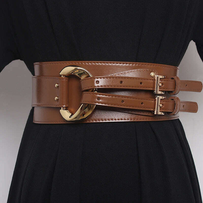 KIMLUD, Fashion Wide Cowskin Cummerbund Women's Cummerbunds Knot Real Leather Waistbands For Dress Decorate Waist Belt Coat Accessorie, KIMLUD Womens Clothes