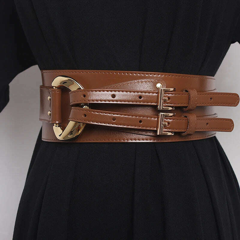 KIMLUD, Fashion Wide Cowskin Cummerbund Women's Cummerbunds Knot Real Leather Waistbands For Dress Decorate Waist Belt Coat Accessorie, KIMLUD Womens Clothes