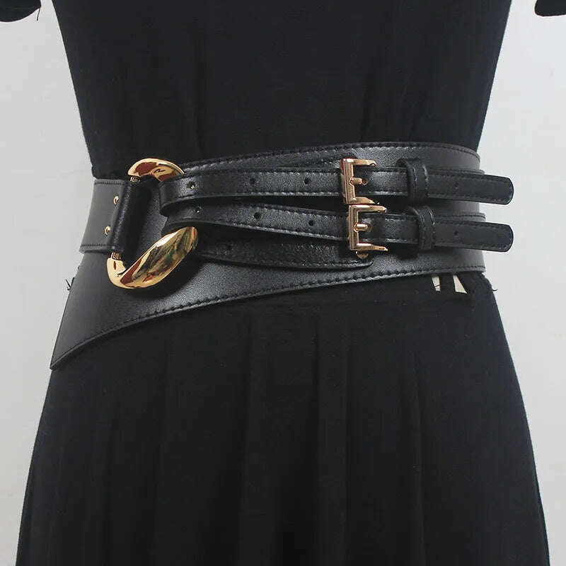 KIMLUD, Fashion Wide Cowskin Cummerbund Women's Cummerbunds Knot Real Leather Waistbands For Dress Decorate Waist Belt Coat Accessorie, 1 / 95cm, KIMLUD Women's Clothes