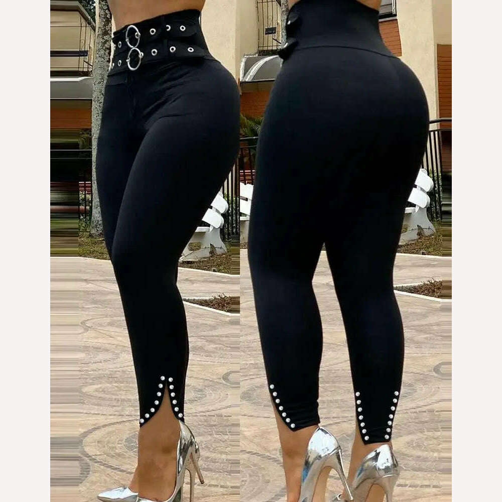 KIMLUD, Fashion Women Black Slit Beaded Decor High Waist Eyelet Buckled Skinny Long Pants With Belt Casual Slim Fit Trousers Loungewear, KIMLUD Womens Clothes